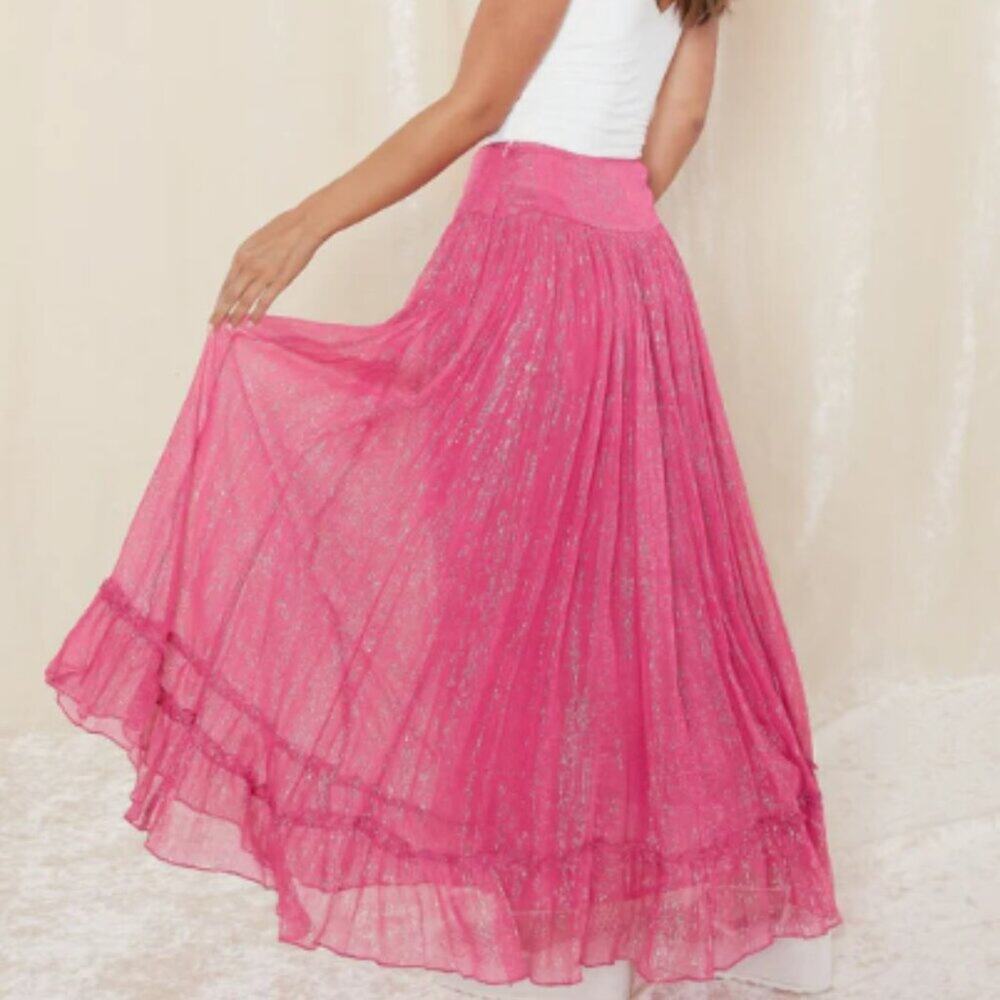 Raga Zella Lurex Maxi Skirt Size S NWT Pink Metallic Boho Resort Romantic - Picture 5 of 13